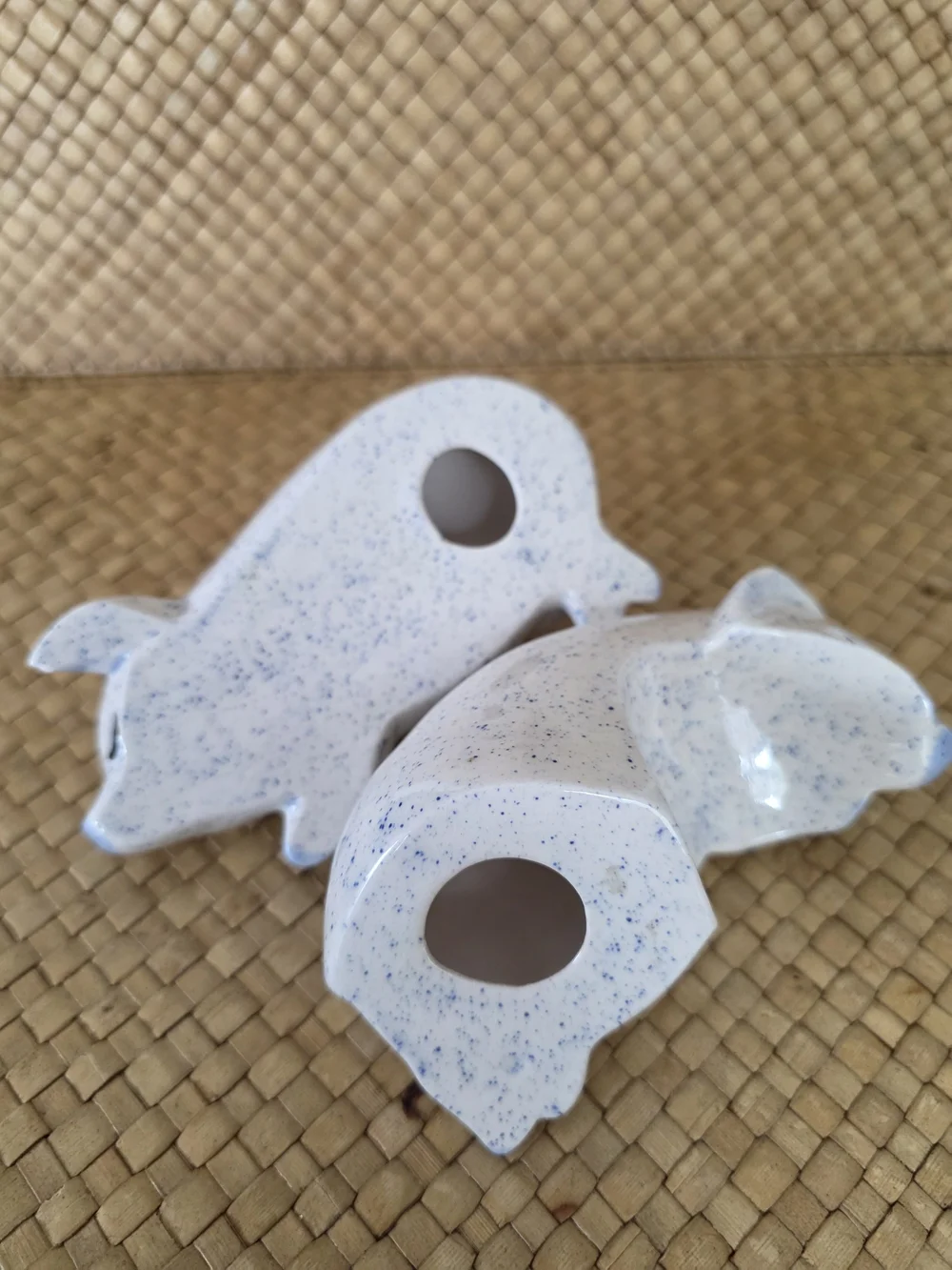 Speckled Ceramic Pig Pair Figurine - Light Blue Accent, Set Of 2.